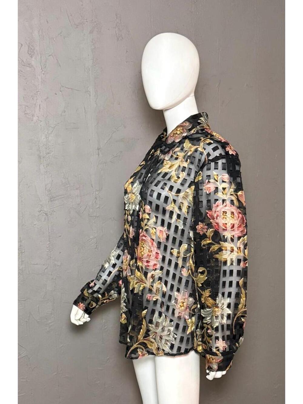 1980s Sheer Burnout Blouse by Expose Black x Earthy Floral size XL - Picture 4 of 10